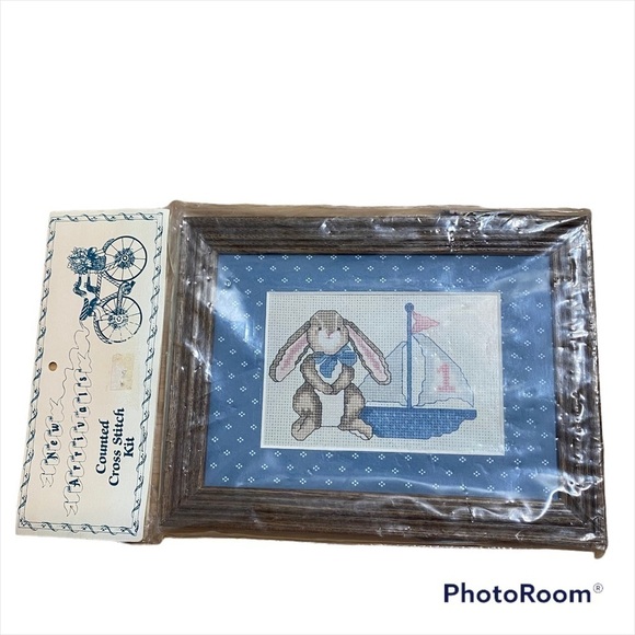 Vintage Counted Cross Stitch Kit Frame Bunny Craft Kit NEW Sail Boat 1st - Picture 1 of 5